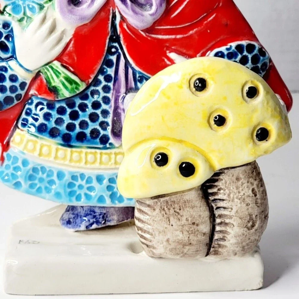 Vintage MD Girl in Red Cape Ceramic Toothbrush Holder Mushrooms Flowers Italy